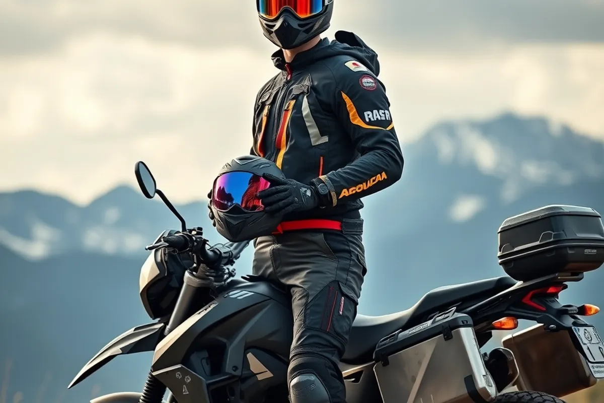 Rider in adventure gear standing beside a loaded motorcycle