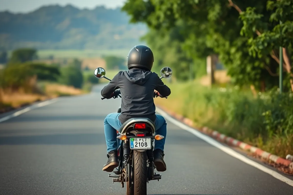 Motorcycle rider checking insurance documents at a table