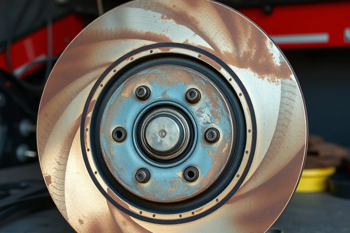 Mechanic measuring brake pad thickness with a gauge