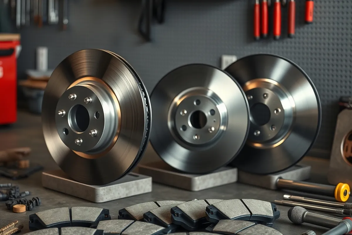 Worn brake rotor with visible grooves on a workshop bench
