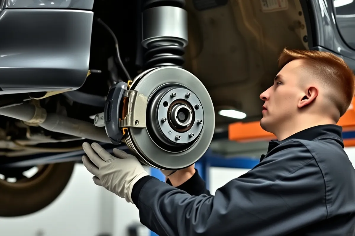 Technician inspecting a brake caliper on a lifted car