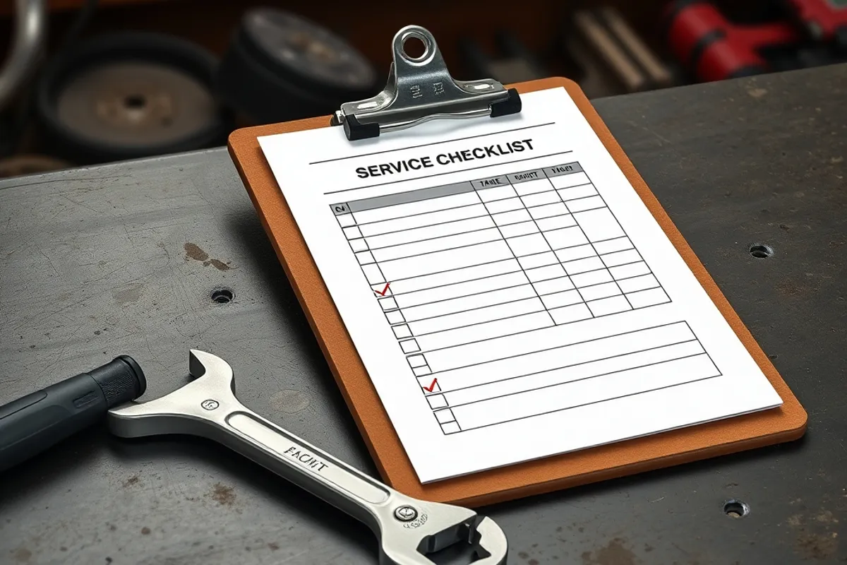Service checklist and clipboard resting on a workbench