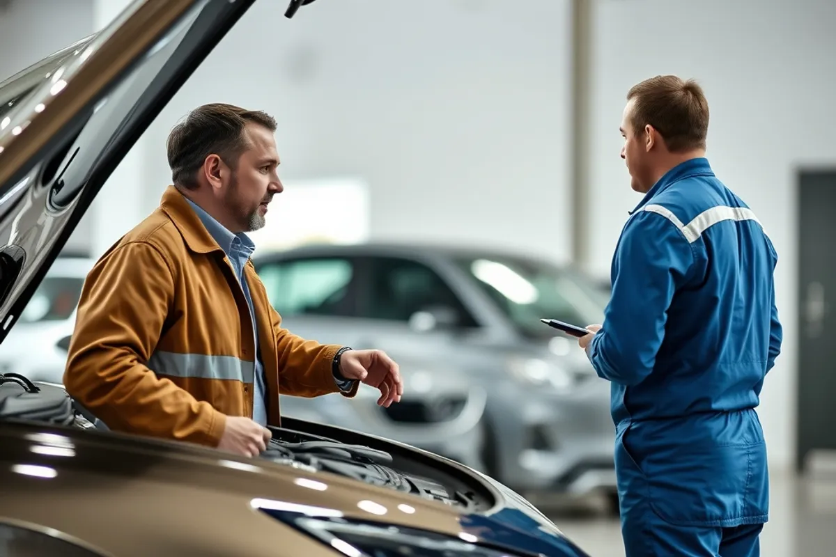 Salesperson handing car keys to a customer in a showroom