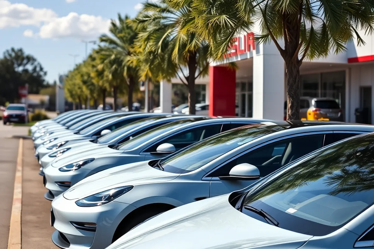 Used electric cars lined up on a dealership lot