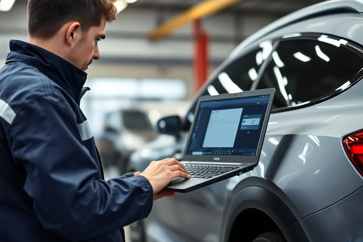 Engineers working on vehicle software in a technology lab